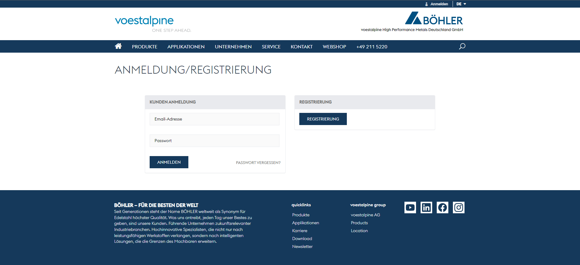 Anmeldung landing page